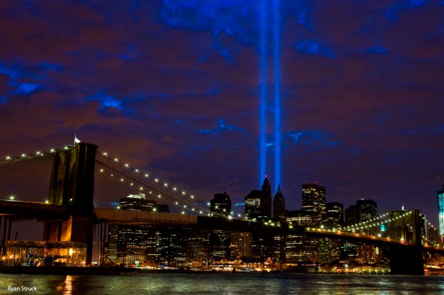 Tribute in Light. Brooklyn Bridge. NYC Photographer. Landscape photography. Iconic Brooklyn Bridge. 9 11. September 11. New York City Skyline. Night. Light Memorial. NYC Memorial. September 11 Memorial.